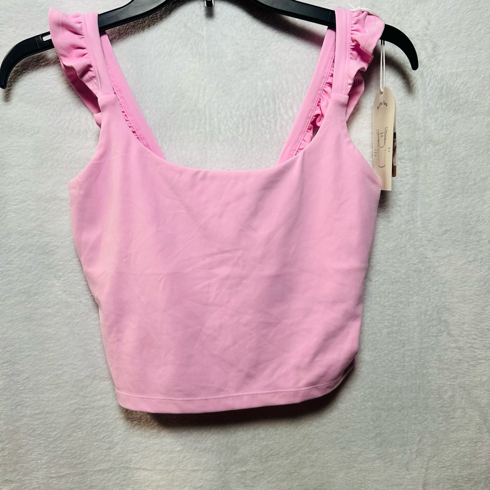 Women’s Pink Ruffle-Strap Crop Tank Top - Picture 2 of 6